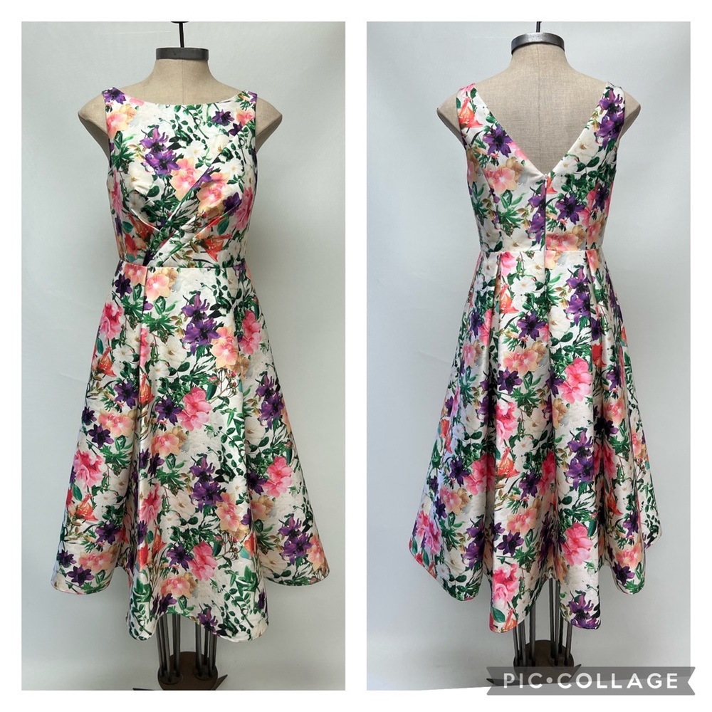 Aidan Mattox flower print sleeveless midi pleated cocktail dress